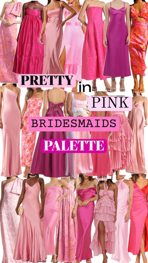 Assorted pink mixed dresses for coordinated multicolor bridesmaids theme Theme Bridesmaid Dresses, Shades Of Pink Bridesmaid Dresses, Bridesmaid Palette, Bridesmaids Pink, Pink Bridesmaids, Dress Code Wedding, Pink Palette, Pink Theme, Pink Bridesmaid Dresses