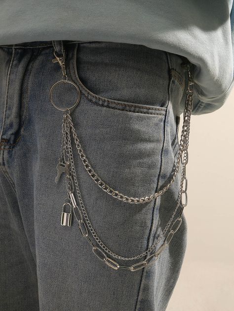 Silver Casual Collar  Iron  Trouser Chain Embellished   Men Accessories Pants Chain Men, Trouser Chain, Chain Clothes, Pants Chain, Fancy Casual, Pant Chains, Men Belts, Locks & Key, Character Inspo