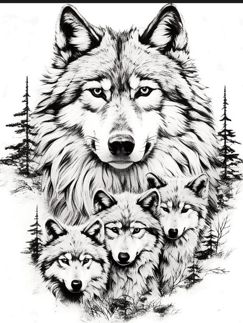 Wolf And Pups Tattoo, Wolf Cub Tattoo Design, Sketches Wolf, Wolf Face Drawing, Simple Wolf Tattoo, Pocket Watch Tattoos, Grayscale Art, Wolf Tattoos Men, Wolf Tattoo Sleeve