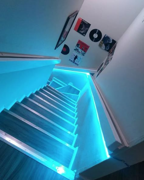 Neon Room Lights, Blue Led Lights Bedroom, Gen Z Room, Neon Lights Aesthetic, Cool Basement Ideas, Led Lights Bedroom, Vibey Room, Color Wars, Dream Basement