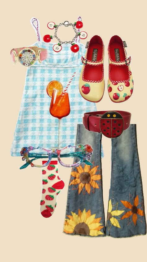 Summer Dress Up Days For School, Knuckles Outfit Ideas, Twee Summer Fashion, Quirky Fashion Outfits, Fun Aesthetic Outfits, Childish Outfits Aesthetic, Twee Core Outfits, Craftcore Outfit, Funky Outfits Summer