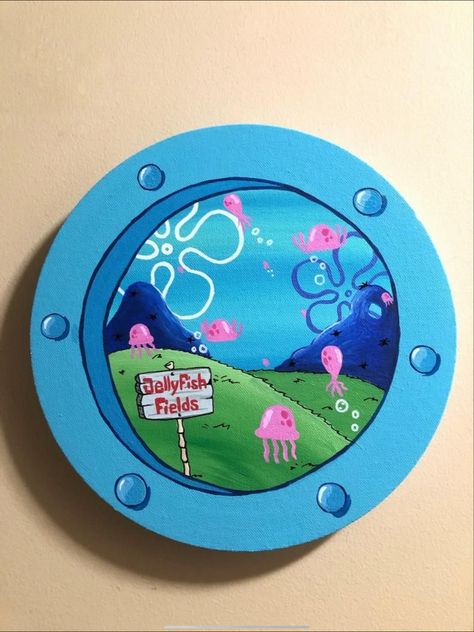 Spongebob Window Painting, Spongebob Window, Vinyl Art Paint, Circular Canvas, Spongebob Painting, Simple Canvas Paintings, Cute Canvas Paintings, Tanah Liat, Canvas Painting Designs