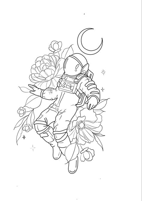 Ready to use stencil for astronaut tattoo Astronaut Flowers Tattoo, Planet And Flowers Tattoo, Astronaut Line Drawing, Astronaut Tattoo Minimalist, Floral Space Tattoo, Simple Astronaut Tattoo, Astronaut Tattoo Stencil, Astronaut Stencil, Space Themed Tattoos