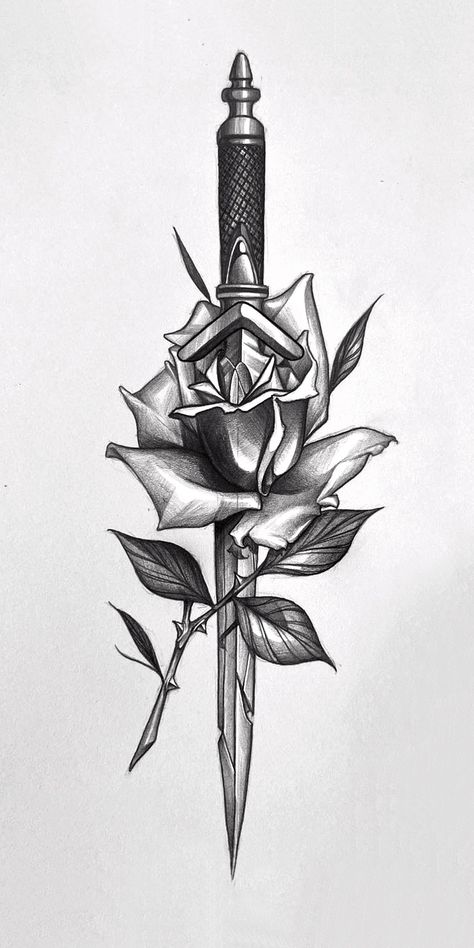 Knife And Rose Tattoo, Rose And Dagger Tattoo, Rose And Dagger, Knife Tattoo, Dagger Tattoo, Arrow Tattoo, Simple Tattoo, Tattoo Style Drawings, Dark Art Tattoo