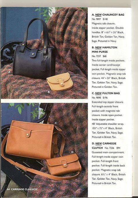 Carriage Classics line, Coach Fulton Bag 9898, from "1992 Edition" catalog. Vintage Coach Catalog, Coach Catalog, Coach Vintage Handbags, Vintage Designer Handbags, Handbags Vintage, Coach Leather Bag, Bonnie Cashin, Dream List, Vintage Coach Bags