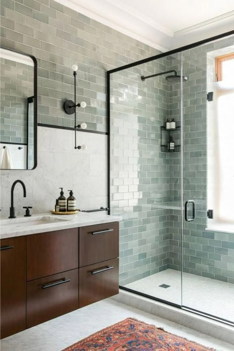 New Unexpected Color of Green is Taking Over Interior Design This Year: Sage Green Color Bathroom Tile #Bathroomdesign Residential Photography, Expensive Bathrooms, Design Interior Baie, Midcentury Modern Bathroom, Makeover Kamar Mandi, Bilik Air, Modern Bathroom Tile, Modern Bathroom Cabinets, Decor Baie