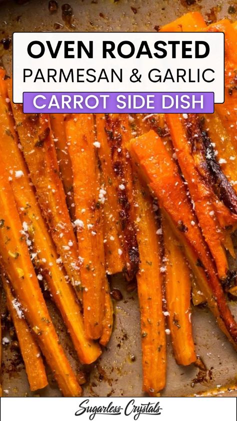 Discover the perfect oven roasted carrots that are simple yet delicious. These roasted garlic parmesan carrots bring a delightful twist to your meals. Ideal for any occasion, from weeknight dinners to festive gatherings, these roasted carrots are both savory and satisfying. Serve them as a carrot side dish for Thanksgiving or enjoy them alongside your favorite proteins for a quick and healthy option. You won't want to miss this easy roasted carrots recipe! Roasted Garlic Carrots Oven, Quick And Easy Carrot Recipes, Tasty Veggie Sides, Chicken Roast Sides, Parmesan Ranch Carrots, Carrot Oven Recipes, Roasted Garlic Parmesan Carrots, Roasted Carrots Parmesan, Roasted Whole Carrots Oven