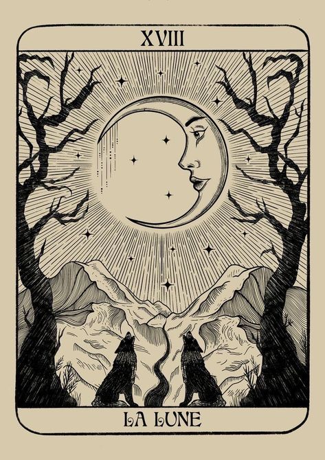 The Moon Tarot Illustrations, The Moon Tarot Design, The Moon Tarot Painting, The Moon Tarot Card Drawing, 8.5 X 11 Poster, Tarot Style Art, Magic Aesthetic Drawing, Moon Tarot Card Aesthetic, Tarot Card Art Nouveau