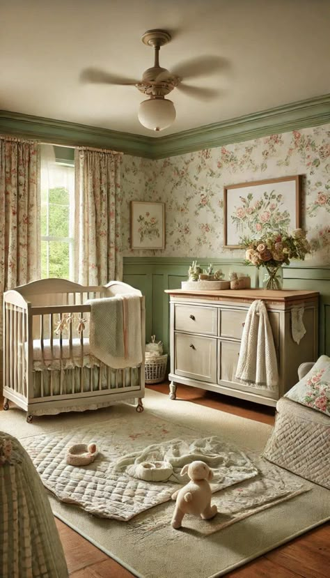 Vintage Baby Nursery Girl, Green Girl Nursery, Sage Green Nursery Ideas, Nursery Room Closet, Green Nursery Ideas, Sage Green Nursery, Neutral Nursery Rooms, Cottagecore Nursery, Cottage Nursery