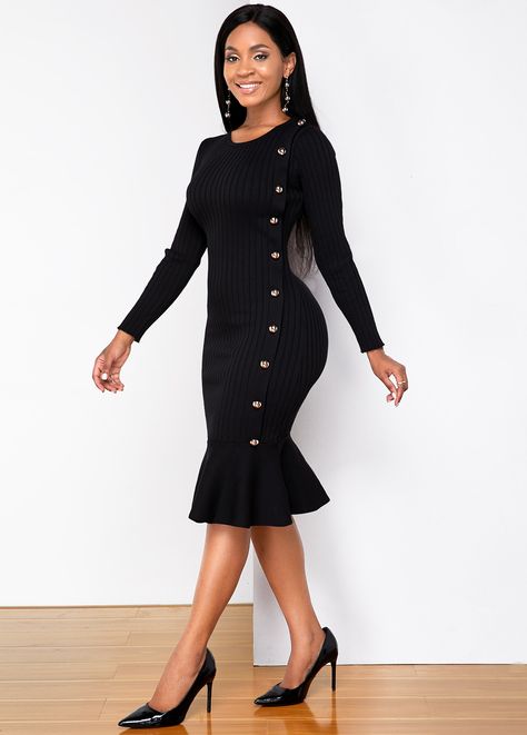 ROTITA Button Detail Mermaid Hem Long Sleeve Sweater Dress | Rotita.com - USD $38.89 Office Uniform For Women Work Outfits, Black Corporate Dress, Official Dresses For Work, Office Wear Women Work Outfits, Office Wear Outfit, Stylish Business Outfits, Stylish Office Wear, Working Clothes, Business Dress Women