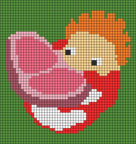 Alpha Patterns Crochet Studio Ghibli, Ponyo Grid Pattern, Ponyo Pixel Grid, Tapresty Crochet Alpha Patterns, Crochet Pixel Art, Crochet Alpha Pattern, Ghibli Crochet, Pixel Grid, Pattern Vest