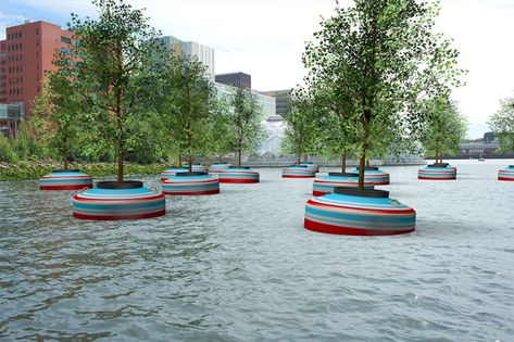 The artists, sculptur Jorge Bakker, and the project team hope that the 'Bobbing Forest' in the Rijnhaven of Rotterdam, the Netherlands, raise questions about the relationship between nature and city dwellers, such as “What expectations do city dwellers have in connection to planting and vegetation? And... can they relate to the green world around them?" Floating Forest, Water Architecture, Floating Garden, Live Tree, Green Space, Permaculture, Rotterdam, Cape Town, Landscape Architecture