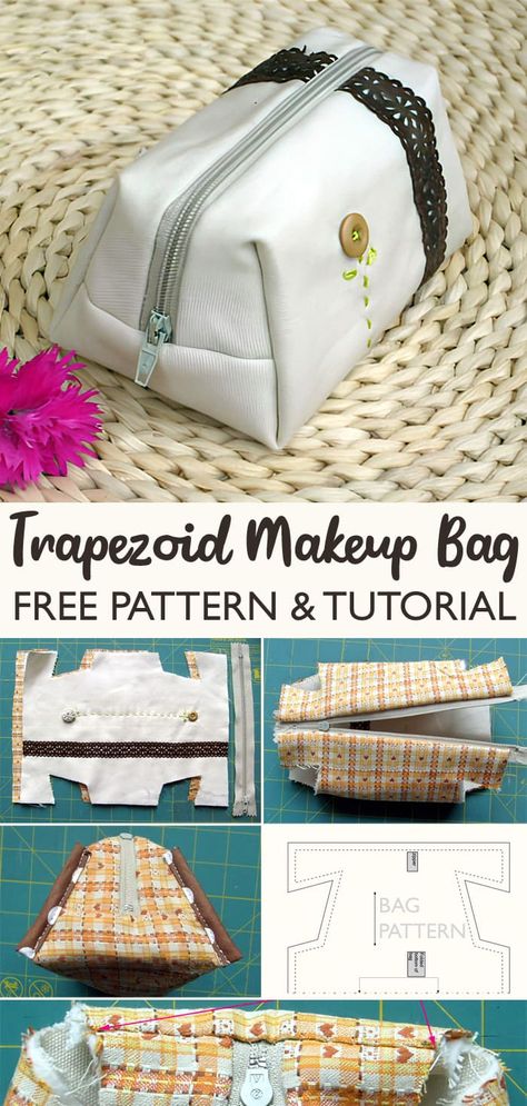 Trapezoid Makeup Bag Tutorial Makeup Bag Tutorial, Makeup Pouch Diy, Travel Bag Pattern, Mini Makeup Pouch, Makeup Bag Tutorials, Makeup Bag Pattern, Textile Bags, Cosmetic Bag Pattern, Bag Free Pattern