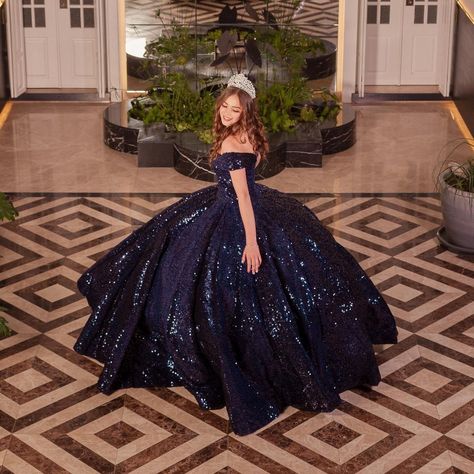 Midnight Blue 15 Dresses Quinceanera, Moonlight Theme, Under The Stars Sweet 16, Navy Blue Quinceanera, Navy Blue Quinceanera Dresses, Midnight Gown, Dream Quinceanera, 15 Party Ideas, Debut Theme