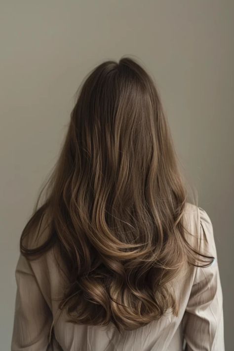 Woman with long, wavy brown hair facing away from the camera against a neutral background. Old Money Straight Hair, Old Money Brunette Short Hair, Old Money Brunette Hair Short, Old Money Curly Hair, Old Money Brunette, Men Undercut, Rambut Brunette, Hairstyle Men, Honey Brown Hair