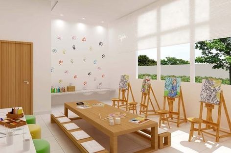 Montessori School Design Architecture, Daycare Cafeteria, Preschool Design Interior, Children’s Library, Preschool Interior Design, Modern Daycare, Modern Daycare Design, Kindergarten Interior Design, Daycare Interior Design