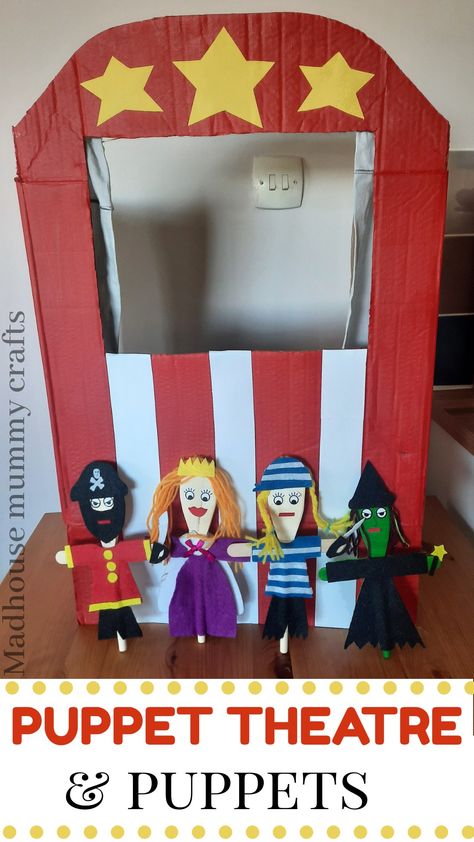 This handmade puppet show craft is a great project to work on and enjoy with the little ones. Fun recycled cardboard box craft for children #puppetshow #puppettheatre #pirate #captain #witch #princess #craftforchildren #recycled #cardboardbox #craftproject Puppet Show Diy Cardboard, Puppet Show Stage Diy, Puppet Theater Diy Cardboard, Puppet Show Ideas, Cardboard Puppet, Box Puppet, Puppet Show For Kids, Spoon Puppets, Wooden Spoon Puppets