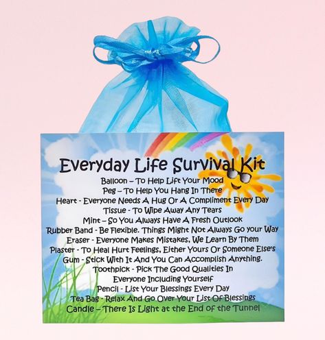 Everyday Life Survival Kit Unique, handmade novelty gift that goes beyond the traditional greetings card, making it an                              ideal Keepsake, Birthday Gift or Just Because, to show someone your support and help raise a smile just when they need it. 🌈 FREE PERSONALISATION & FREE 2nd CLASS POSTAGE TO UK 🌈 🌈 ALL CONTENTS INCLUDED 🌈 A UNIQUE GIFT AND GREETINGS CARD ALL IN ONE 🌈 🎄 PERFECT CHRISTMAS GIFT 🎄 STOCKING FILLER 🎄 SECRET SANTA 🎄 Presented in a beautiful organza Survival Kit Ideas, Birthday Survival Kit, Blessing Candles, Survival Kit Gifts, Everyone Makes Mistakes, Cheer Up Gifts, Need A Hug, Stocking Filler, Survival Kit