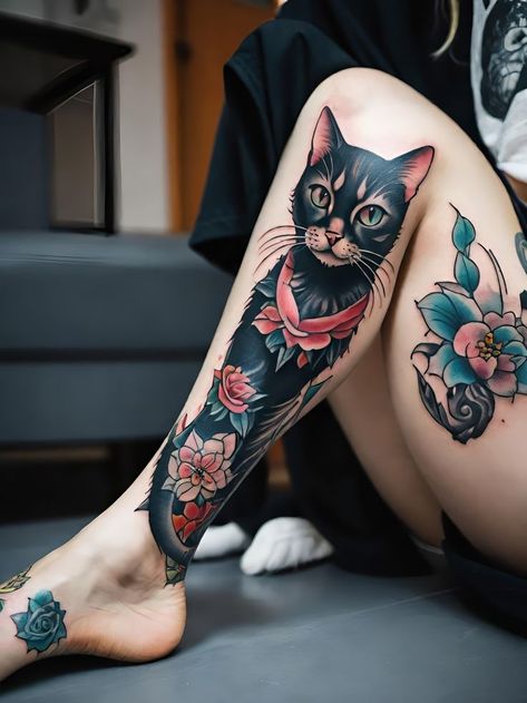 A Cat Tattoo, Simple Cat Tattoo, Cat Portrait Tattoos, Cat Tattoo Design, Realistic Portrait, Cat Tattoos, Cat Tattoo Designs, Tattoo Cat, Leg Tattoos Women