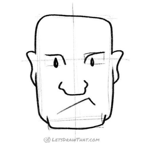 How to draw heads from simple shapes: a square head for a strong man. A step by step drawing tutorial. Square Head Drawing, Pencil Outline, Draw Heads, Head Comic, A Strong Man, Triangle Eye, Triangle Head, Face Line Drawing, Draw Cartoon