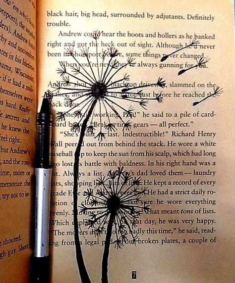 Blown dandelion flowers have been depicted on a page of an old vintage book. It is an effortless and easy doodle that looks both aesthetic and beautiful. Drawings On Book Pages Aesthetic, Book Pages Aesthetic Wall, Art On Old Book Pages, Art Book Page Ideas, What To Do With Book Pages, Sketches On Book Pages, Book Page Art Ideas, Painted Book Pages, Old Book Pages Aesthetic