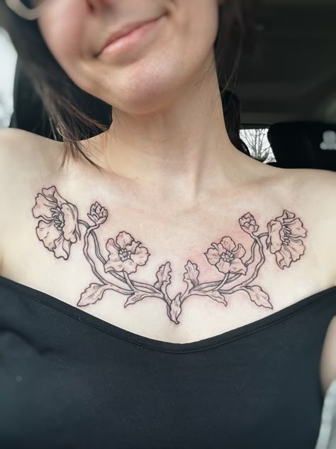 Poppy Chest Tattoo, Art Nouveau Chest Tattoo, Floral Collar Bone Tattoo, Chest Tattoo Abstract, Clavical Tattoos Women, Floral Chest Tattoo, Tattoo Chart, Art Nouveau Tattoo, Nouveau Tattoo