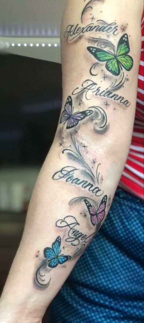 4 Names Tattoos, Butterfly Tattoo Pattern, Grandchildren Name Tattoos, Growing Family Tattoo Ideas, 4 Butterfly Tattoo Designs, Tattoos For Multiple Kids, Name With Butterfly Tattoos For Women, 4 Name Tattoo Ideas, 5 Name Tattoo Ideas