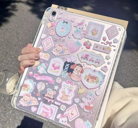 Kawaii Technology, Ipad Case Stickers, Twitch Bits, Ipad Ideas, Tablet Pouch, Ipad Essentials, Laptop Decoration, Capas Samsung, Cute Ipad Cases