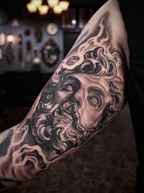 Modern Art Tattoos, Zeus Tattoo, Inner Bicep Tattoo, Black And Grey Tattoo, Cherub Tattoo, Filigree Tattoo, Card Tattoo Designs, Tattoo Shading, Statue Tattoo