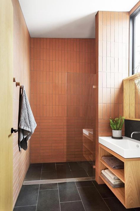 Terracotta Bathroom, Australian House, Red Bathroom, Serene Bathroom, Orange Bathrooms, Bright Bathroom, White Appliances, Yellow Walls, Stylish Bathroom