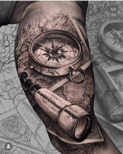 Nautical Compass Tattoo, Compass And Map Tattoo, Compass Tattoo Men, Nautical Tattoo Sleeve, Navy Tattoos, Map Tattoo, Compass Tattoo Design, Full Sleeve Tattoo Design, Men Tattoos Arm Sleeve