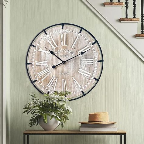 Amazon.com: EMAX HOME 24 Inch Large Farmhouse Wall Clock, Rustic Antique Wood with Metal Circle and Large Engraved Numerals, Silent Battery Operated Wall Clock for Office Kitchen Bedroom Living Room : Home & Kitchen Large Farmhouse, Farmhouse Wall Clock, Rustic Wall Clocks, Camp Furniture, Cat Bed Furniture, Home Office Storage, Metal Circle, Farmhouse Decor Living Room, Dog Furniture