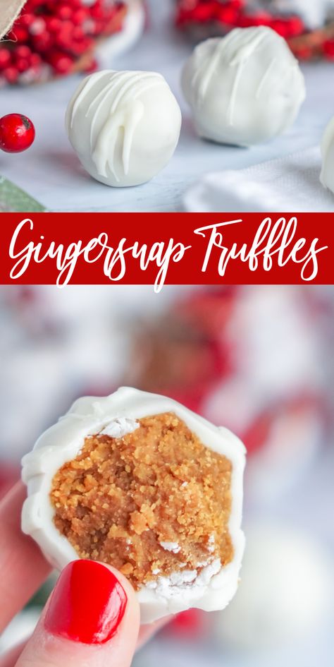 Easy Gingersnap Truffles! Easy Ginger Snap Cheesecake Cookie Truffles for Christmas! These are the perfect bite-sized no-bake dessert recipe for family and friends! Also a great gift idea for Christmas! #lemonpeony #gingersnap #truffles #cheesecaketruffles #easydessert #christmasdessert #nobakedessert Dessert Using Ginger Snaps, Ginger Snap Cake Pops, Desserts Using Ginger Snap Cookies, Recipes With Ginger Snaps, Recipes Using Ginger Snap Cookies, Egg Nog Truffles Easy, Ginger Snap Dessert Recipes, Ginger Snap Truffles, Ginger Snap Desserts