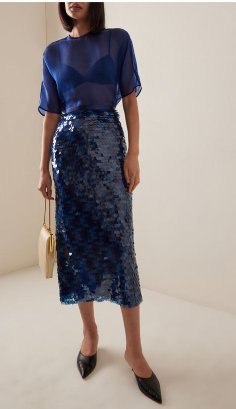 Blue Sequin Skirt Outfit, Blue Sequin Skirt, Sequins Top Outfit, Sequin Skirt Outfit, Embellished Midi Skirt, Crochet Maxi Skirt, Sequin Midi Skirt, Color Combos Outfit, Cotton Maxi Skirts