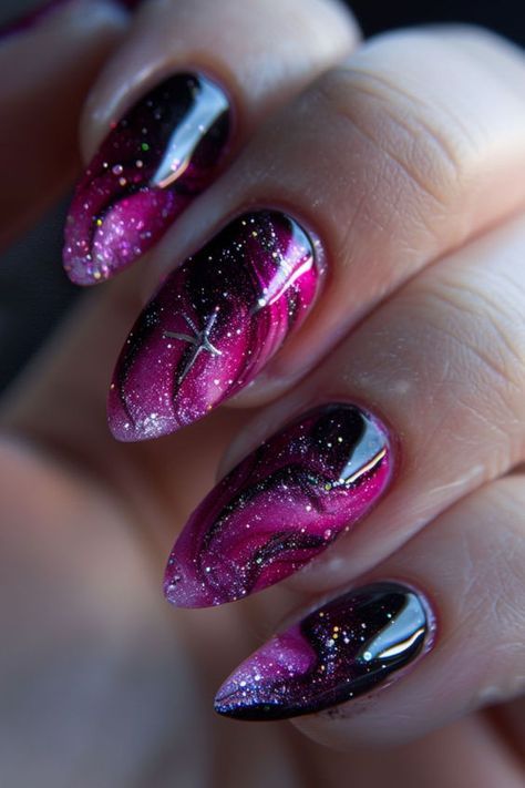 Pink Black Glitter Nails, Cosmic Nail Designs, Intergalactic Nails, Nebula Nails, Nail Designs Hot Pink, Cherry Blossom Nails Art, Cosmic Nails, Pink Tips, Nails Heart