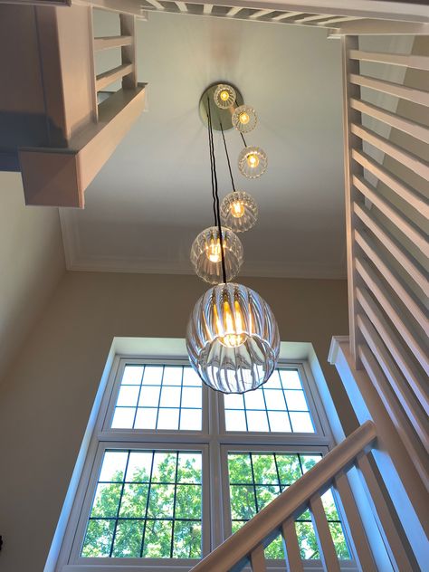 Stairwell Feature Light, Vintage Stairwell Lighting, Large Hallway Lighting, Hanging Light Over Staircase, Light At Bottom Of Stairs, Pendant Lighting Over Stairs, Stairs Pendant Light, Staircase Lighting Uk, Statement Hallway Lighting