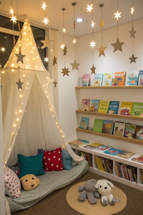 📌 Enter a world of whimsy with this magical children’s nook! A canopy of hanging stars, animal-shaped cushions, and shelves filled with fairy tales and plush toys bring stories to life.
🔖 #WhimsicalSpaces #KidsReadingNook #FairyTaleMagic #CozyCorners #PlayfulDesign Childrens Reading Nook, Shaped Cushions, Cabin Interior Design, Hanging Stars, Reading Games, Reading Area, Tips For Parents, Cozy Reading Nook, Bedtime Routine