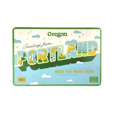 Share the vibrant spirit of Portland with our Greetings From Portland License Plate Postcard. Shaped like a vintage license plate and inspired by the iconic Big Letter Postcards, this unique postcard captures the essence of the city's dynamic culture and iconic landmarks. Whether you're sending greetings from your Portland adventures or simply spreading the energy of the City of Roses, this postcard is a charming way to connect with friends and loved ones. Crafted with attention to detail and a touch of nostalgia, it's a keepsake that embodies the city's character and invites curiosity. Let the Greetings From Portland License Plate Postcard be a tangible expression of your love for Portland's urban charm and creativity. Standard 4"H x 6"W Postcard 14pt Gloss Paper Matte Back For Easy Writi Postcard Graphic Design, Greetings From Postcard, Farmers Market Logo, Postcards Inspiration, Postcard Mailer, Retro Postcard, Postcard Illustration, Big Letter, City Postcard