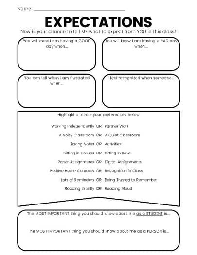 Back to School - Student Expectations for Teachers - Getting to Know You Student Introduction Activities, Organised Classroom, Back To School Middle School, Absent Work, Teaching Orchestra, Teacher Printables, Class Discussion, Middle Management, Spanish Classroom Activities