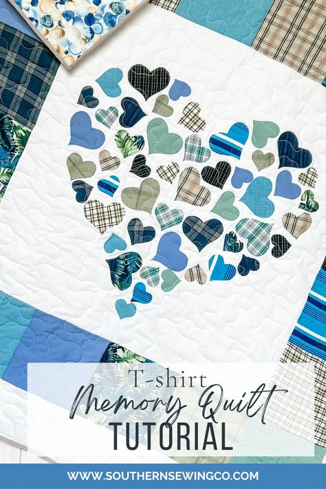 Memorial Quilts From Clothes How To Make, Diy Memory Quilt, Memory Quilt From Shirts Dads, Clothing Memory Quilt, Memory Pillow Case From Shirt, Memory Lap Quilt, Heart Memory Quilt, How To Make A Memory Quilt, T Shirt Memory Quilts