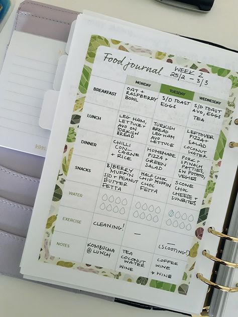 Learn how I use this printable food log in my health and wellness journal. Download a printable version from Etsy. #foodlog #foodjournal #healthjournal #wellnessjournal #printablefoodlog #bulletjournal #habittracker Diet Journal, Wellness Journal, Food Tracker, Food Log, Makanan Diet, Health Journal, Planner Pdf, Dot Journals, Journal Aesthetic