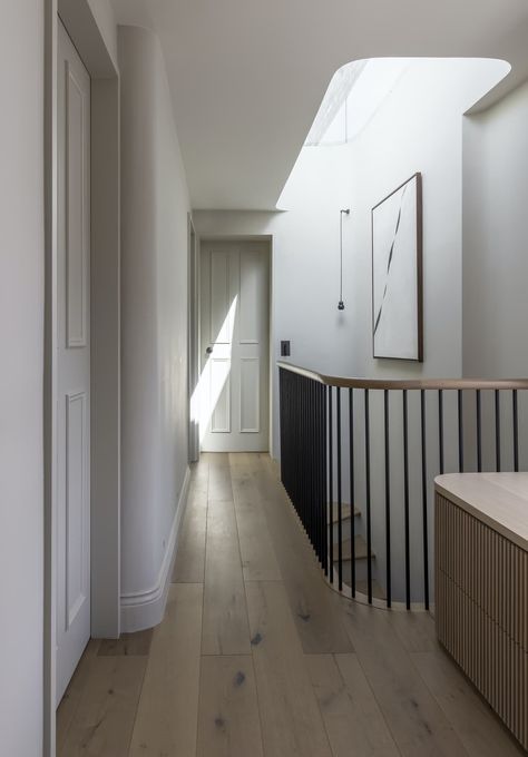 Photo 12 of 16 in A Candy Pink Pied-à-Terre in London Is Sumptuously Reimagined - Dwell London Mews House, Floor Options, Pink London, Calming Interiors, Light Wooden Floor, Mews House, Bright Bathroom, Hallway Designs, Hallway Design