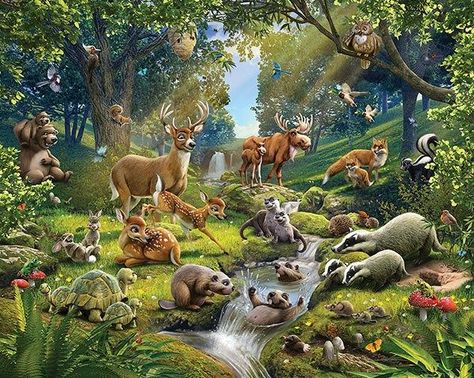 Immerse yourself into a teeming forest filled with all your favorite animals! This larger than life mural makes your walls come alive. Bring the beauty of the forest indoors with this fabulous wall art. Comes on twelve 48-in x 20-in sheets and includes a total of 12 pieces. This mural assembles to 8ft x 10ft. - This mural assembles to 8ft x 10ft - Contains 12 panels - Paste not included - Printed on Vinyl Coated Paper Unicorn Wall Mural, Woodland Wall, Forest Mural, Forest Wall Mural, Forest Style, Large Tapestries, Animal Mural, Animal Sounds, Craft Area