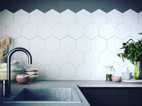 Octagon Tile Backsplash, Kitchen Modern Ideas, Grey Hexagon Backsplash, Hexagon Tile Backsplash Kitchen, Backsplash Hexagon, Hexagon Tile Kitchen, Hexagon Tile Backsplash, Ideas For Cooking, Octagon Tile