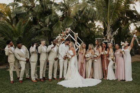 Tropical Boho Acre Baja Wedding in Neutral Tones | Junebug Weddings Beige Suits Wedding, Baja Wedding, Acre Baja, Wedding Groomsmen Attire, Tropical Wedding Theme, Groom And Groomsmen Suits, Tropical Wedding Inspiration, Beach Wedding Bridesmaids, Neutral Bridesmaid Dresses