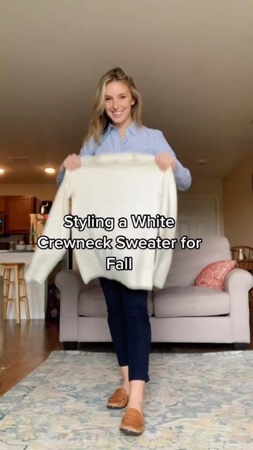 Rowan Kennedy on Instagram: "Sweater is just a plain crewneck from Amazon. Not an ad!! I just like how soft it is :) #ootd #fashion #capsulewardrobe #fallfashion #fallfashiontrends #fashionblogger #fashioninspo #staplepieces #wardrobestaples" Sweater With White Shirt Underneath, White Cropped Sweater Outfit, Ivory Sweater Outfit, Khaki Sweater Outfit, Mock Neck Sweater Outfit, Crewneck Sweater Outfit, Cream Sweater Outfits, White Sweatshirt Outfit, Beige Sweater Outfit