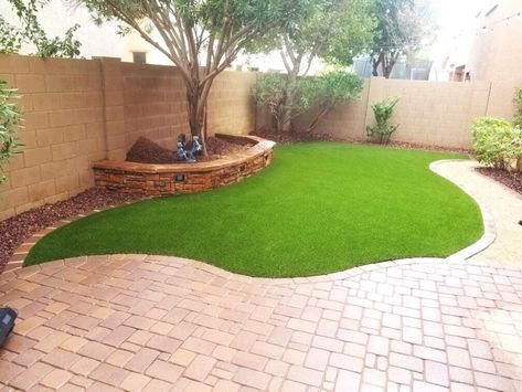 Artificial Grass And Pavers Backyard, Backyard Turf Landscaping, Artificial Turf Backyard Ideas, Turf Backyard Ideas, Turf Yard, Artificial Grass Ideas, Artificial Turf Backyard, Phoenix Backyard, Artificial Turf Landscaping