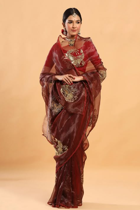 Shop for Ruar India Maroon Tissue Placement Embroidered Saree With Blouse for Women Online at Aza Fashions Maroon Saree, Rajputi Dress, Simple Saree Designs, Traditional Blouse Designs, Indian Bride Outfits, Sari Blouse Designs, Tissue Saree, Indian Saree Blouses Designs, Saree Designs Party Wear