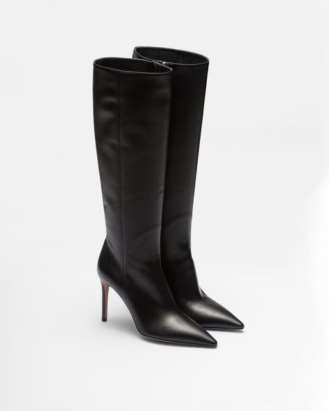 Black Nappa Leather Boots | PRADA How To Wear Thigh High Boots, Build Wardrobe, Prada Coat, Boots Prada, Metal Lettering, Black Platform Boots, Lettering Logo, Prada Leather, Leather Boots Women