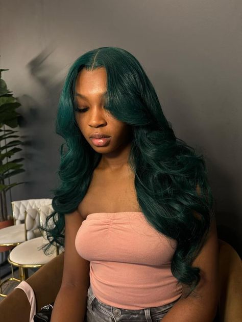 Olive Green Hair Color Black Women, Forest Green Wig, Hunter Green Wig, Green Skunk Stripe Hair Black Women, Emerald Hair Black Women, Dark Green Highlights In Black Hair, Emerald Green Wigs Black Women, Emerald Green Hair Black Women, Green Quick Weave